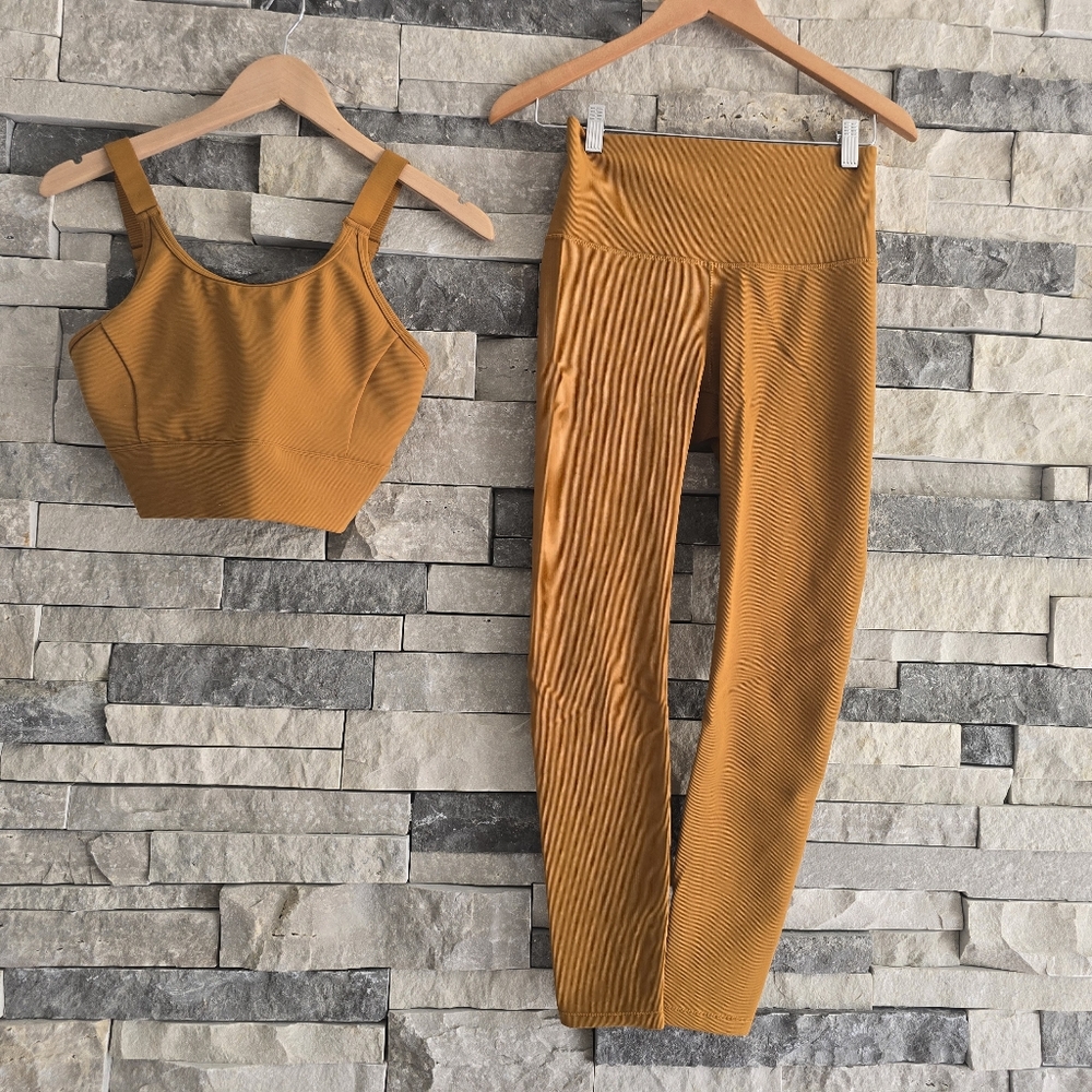 Women's Calia Mustard Yellow Ribbed Pants & Crop Top Set